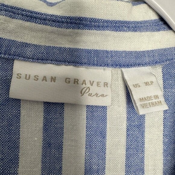 Susan Graver Linen Shirt Button up Striped Tie Sleeve XL Petite Blue White - Picture 6 of 11